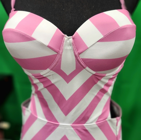 new pink and white stripe bathing suit swimsuit size xl pinup 50s retro barbie - Picture 10 of 11